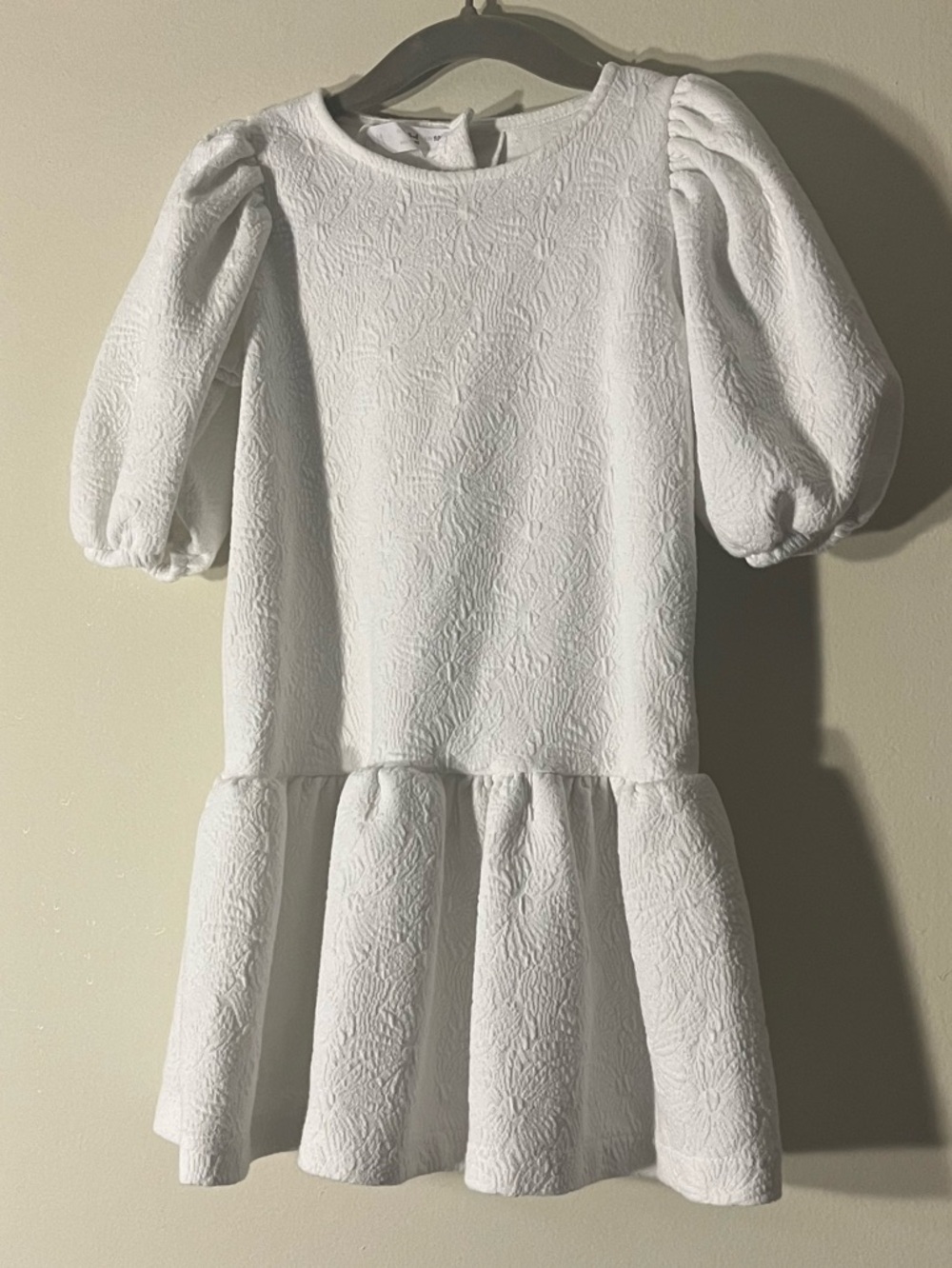 Zara Girls White Jacquard Textured Puff-Sleeve Drop Waist Floral Dress Size 3 4